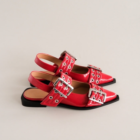 Ganni Chunky Buckle Ballerina Racing Red Slingback Flats / Sandals - Picture 7 of 13